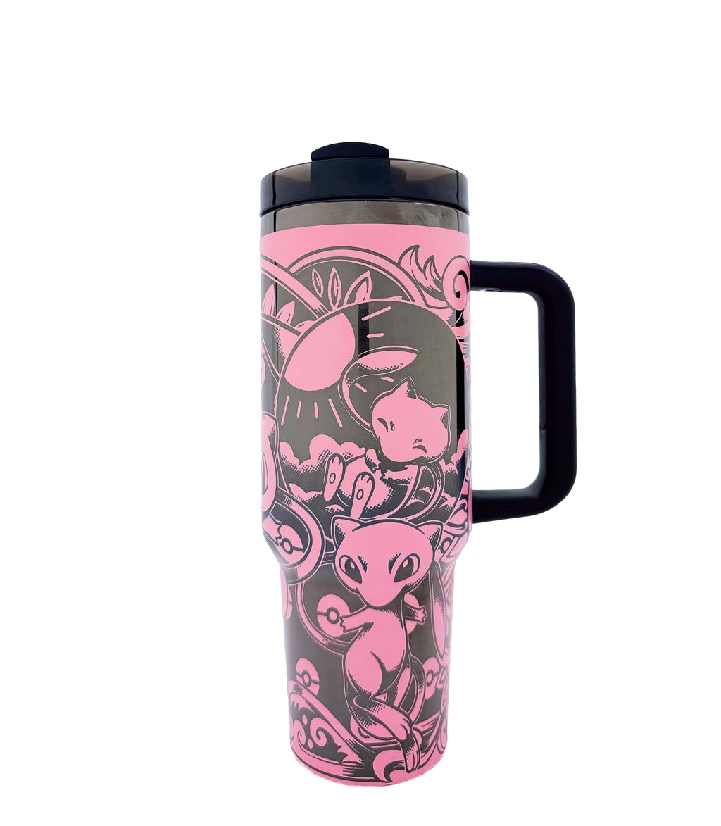 Travel mug with pink and  black design on a white background