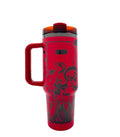 Red travel mug with black graphics on a white background