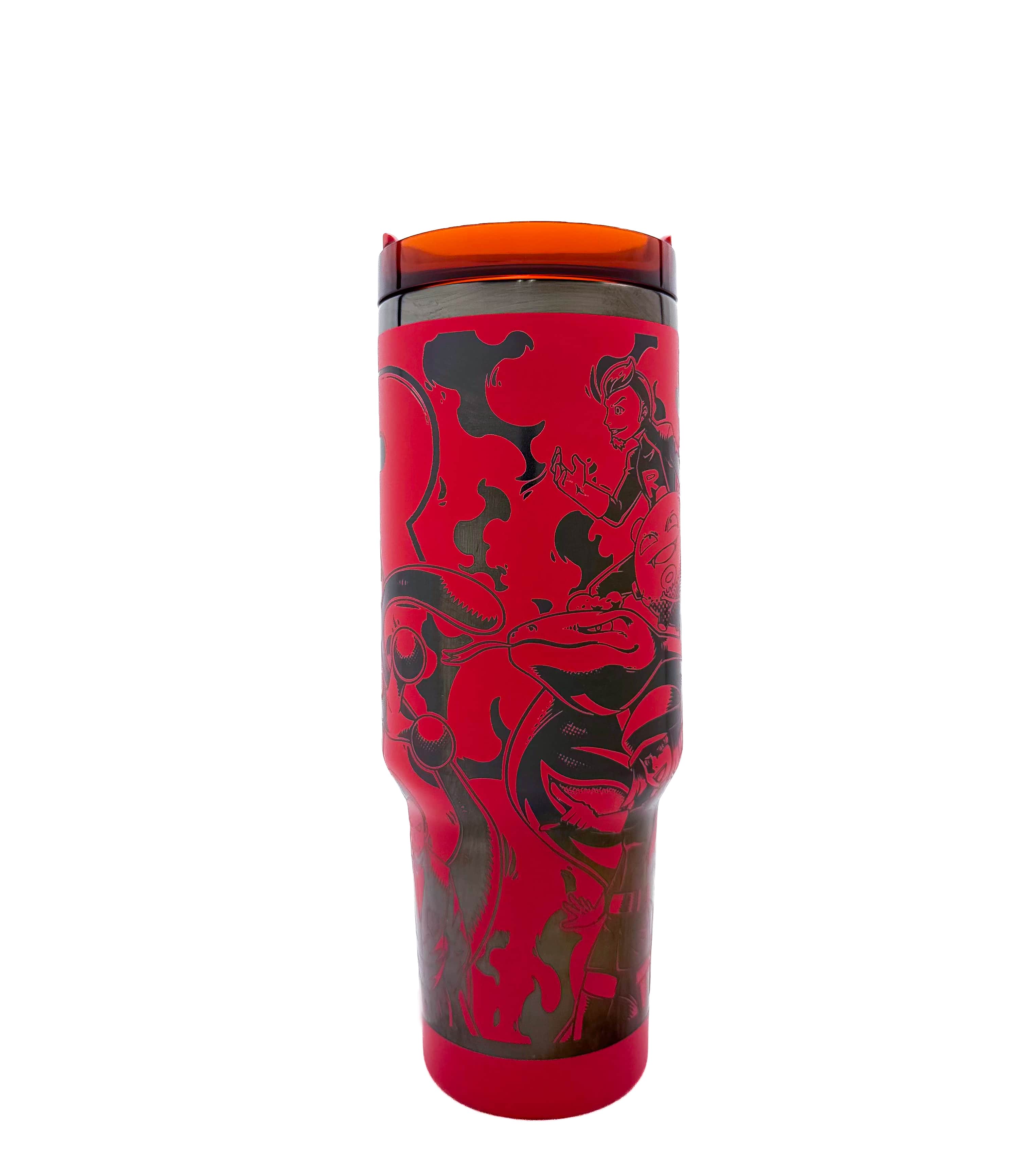Red tumbler with black art on a white background