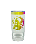 White tumbler with dragon design on a white background