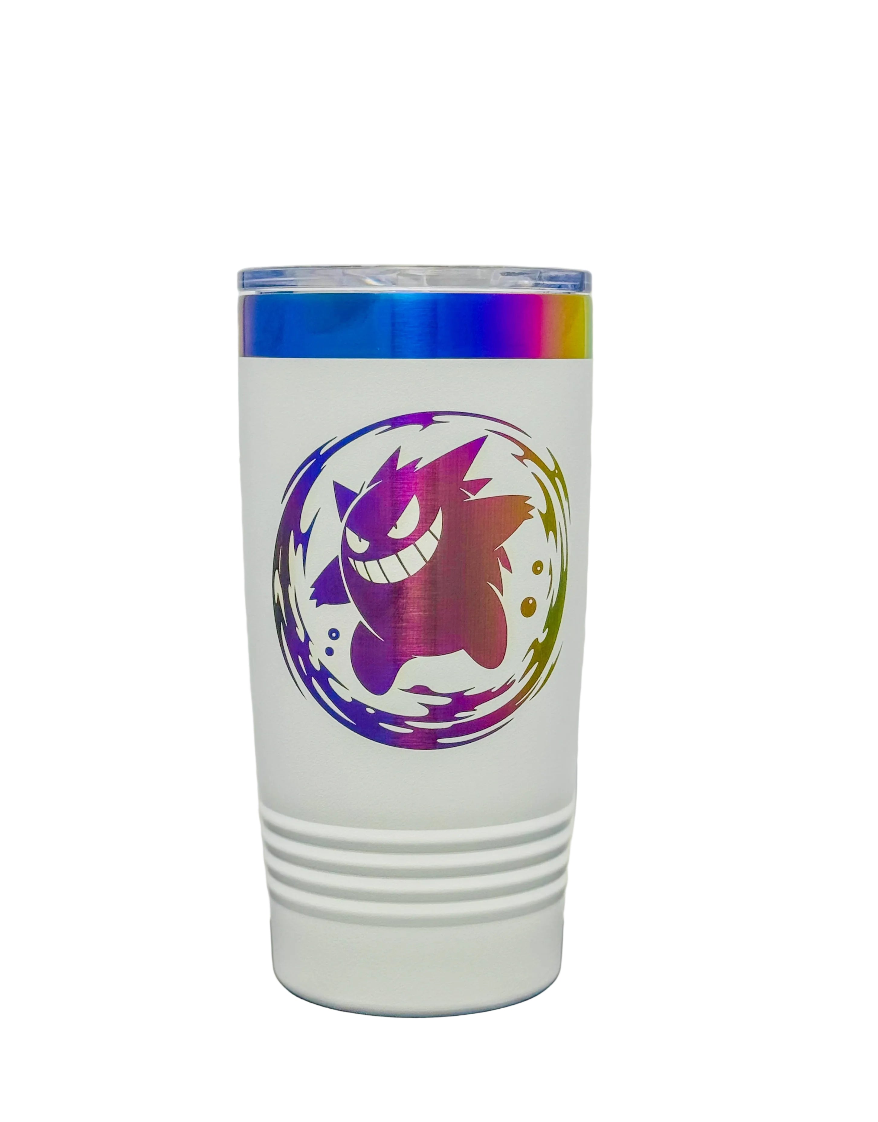 White tumbler with a colorful logo on a white wall background